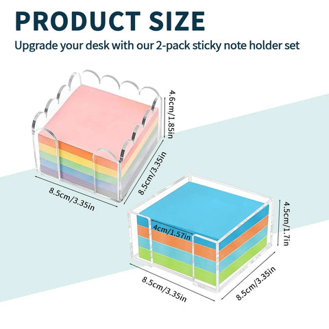 Two Pack Acrylic Sticky Note Holder Set With Scalloped And Straight Edge Design 3x3 Inch Clear Notepad Dispenser