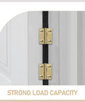 Foldable brass cabinet door hinges on a white cabinet door; two hinges with screws.