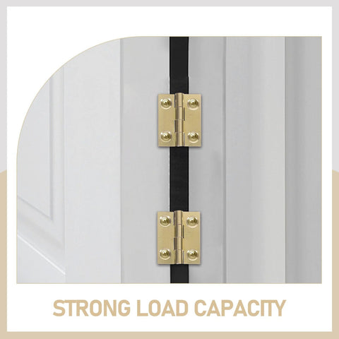 Foldable brass cabinet door hinges on a white cabinet door; two hinges with screws.