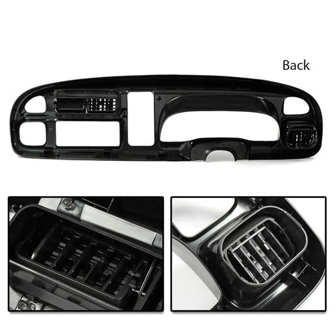 Front view of black PIT66 dash board bezel cover for 1998-2002 Dodge Ram instrument panel with vents