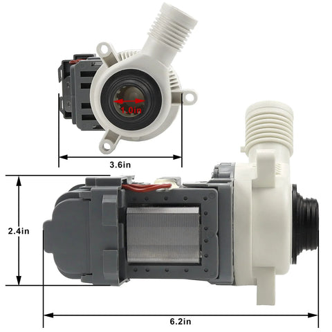 Washer drain pump assembly; front and side views, white and gray plastic, 6.2in long, 2.4in high.