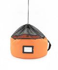 Heavy-Duty RV Water Hose Storage Bag With Secure Closure in orange, 600D Oxford cloth, mesh top, handle, and label window.