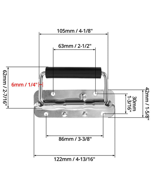 Stainless Steel Spring Loaded Case Handles 4 Pack 122mm With Rubber Grip Durable 304 Grade Cabinet Hardware with dimensions in mm.