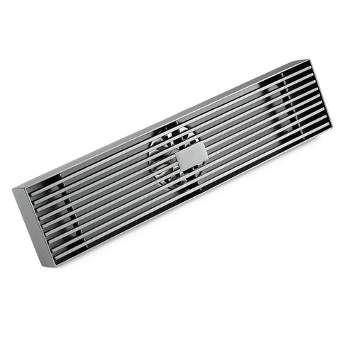 Heavy Gauge Stainless Steel Rectangle Shower Drain With Tile Insert Grate Removable Cover Anti Clog Hair Catcher For Smooth Quick Flow Rust Proof bathroom setup, top view, sleek design.