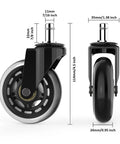Set of 5 Quiet 3 Inch Rubber Office Chair Caster Wheels with Universal 11x22mm Stem, shown with dimensions