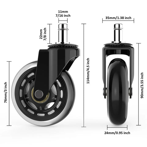 Set of 5 Quiet 3 Inch Rubber Office Chair Caster Wheels with Universal 11x22mm Stem, shown with dimensions