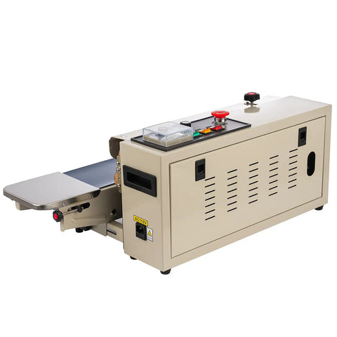 Side view of FR900 Pro Grade Continuous Band Bag Sealer With Adjustable Speed And Seal Width Temperature Control Auto Sealing For 0.02 To 0.8 Mm Plastic Bags With Printing Functionality