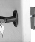 Top Notch 5 1/2 Inch Shed Door Lock L Handle Kit With Two Keys installed on a door with dual keys and durable black handle.