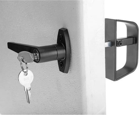 Top Notch 5 1/2 Inch Shed Door Lock L Handle Kit With Two Keys installed on a door with dual keys and durable black handle.