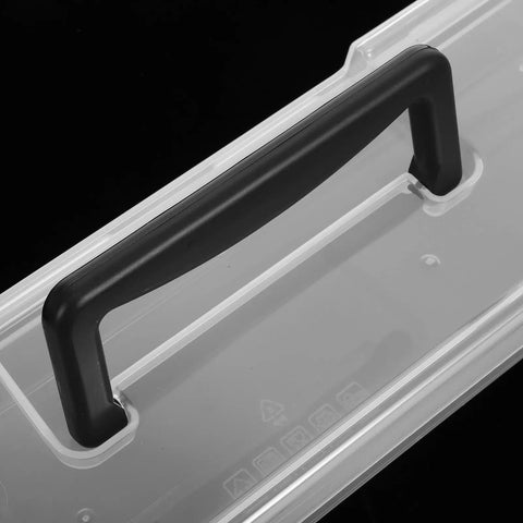 Close-up of the black handle on a Heavy Duty Tool Box With Slick Divided Compartments And Secure Lid.