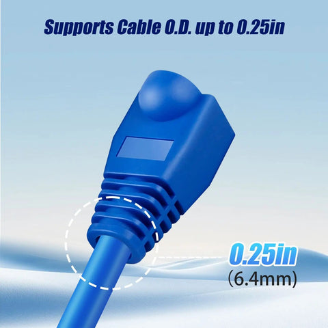 Close-up of Soft PVC RJ45 Strain Relief Boots for Cat5 Cat5e Cat6 cables, blue, showcasing 0.25in (6.4mm) cable support.
