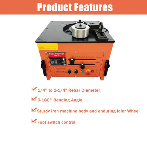 Built Like A Tank Electric Rebar Bender With Finger Tip Foot Switch Table Stand Setup For Quick Steel Rod Bending And Smooth 0 To 180 Degree Angles On Tough Jobs showing control panel and features.