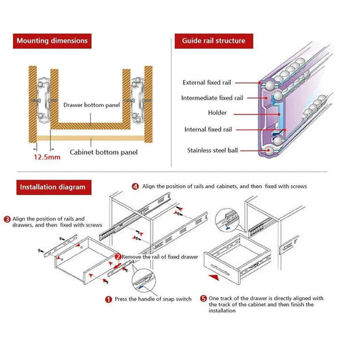 Installation guide for Full Extension 3-Section Ball Bearing Drawer Slides, Side Mounted, 8 Inch, Dual Pack for Cabinets and Kitchens.