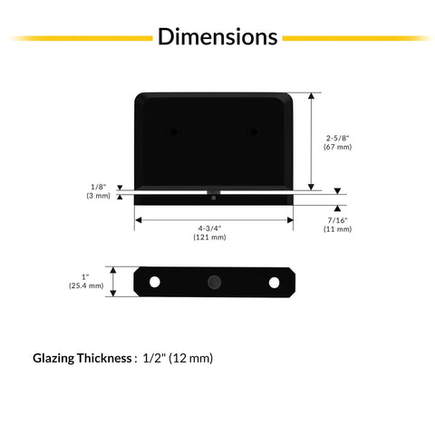 Dimensions of Top Or Bottom Mount Pivot Shower Hinge In Brass With Matte Black Finish, Four And Three Quarters Inch Length