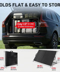 100W Portable Solar Panel Suitcase With Waterproof 10A Charge Controller stored in SUV, foldable and compact for RVs and camping