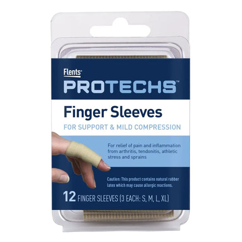 Packaging of 12 assorted sizes finger sleeves for pain relief, arthritis, tendonitis, cracking, blisters, support compression