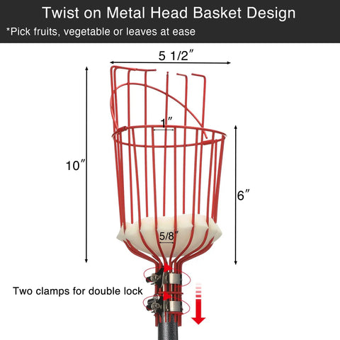 Telescoping Fruit Picker Pole With Basket Adjustable 35 To 120 Inch Handle For Apple Pear Orange Mango Avocado Lemon Cherry And More Tree Harvest No Bending No Climbing Easy Reach, red metal basket 10-inch