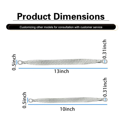 Badass Heavy Duty Flexible Braided Copper Engine Grounding Straps Five Pack dimensions showing 10 inch and 13 inch lengths.