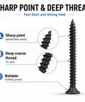 Detail of 198 Piece Black Phosphated Screw Kit with sharp point, deep coarse thread, and reliable holding power.
