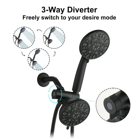 High Pressure Rain and Handheld Shower Head System with Valve, 48 Settings, dual 2 in 1 spray, 3 way diverter, matte black