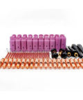 68 Piece Ultimate TIG Welding Kit With Premium Collets Back Caps Nozzles And Ceramic Cups For 1/16 And 3/32 Sizes - assorted pink ceramic cups and copper nozzles