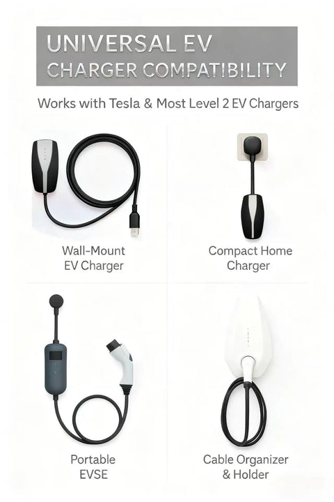 Universal EV Charger Compatibility chart with Wall-Mount EV Charger, Compact Home Charger, Portable EVSE, and Cable Organizer Holder