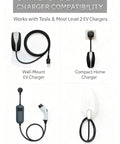 Straight Up Genius For Home EV Charging With This Overhead Retractable Cord Reel Boasting A Spacious 6.6 Foot Reach And Rugged Ceiling Or Wall Mount So You Can Hook Up Hassle Free While Keeping Your Garage Tidy And Ready For Heavy Duty Use. Universal EV charger compatibility image showing wall-mount, compact home charger, portable EVSE, cable organizer holder.