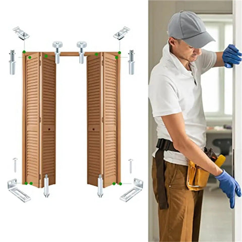 Upgrade Your Space With Premium 4 Sets Of Bi-Fold Door Hardware Repair Kit Featuring Smooth Swivel And Guide Wheels Perfect For Restoring 3/8 Inch Doors To Look Fresh Again Without The Hassle! Assembly guide showing bi-fold door hardware and installation steps.