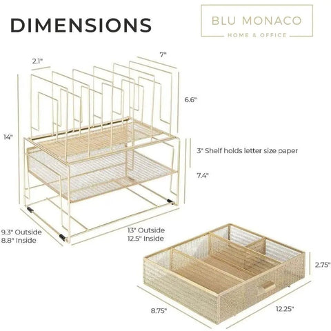 Gold Metal Desk Organizer With Drawer And Mesh File Holder For Papers And Folders Vertical File Organizer Desktop Storage dimensions