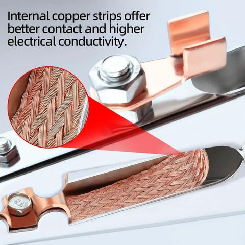 Close-up of Beefy 500 Amp Heavy Duty Welding Ground Clamp with braided copper shunt strap and copper jaws for conductivity
