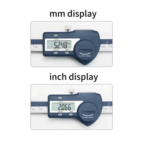 Stainless Steel Horizontal Linear Scale Type Digital Caliper showing mm and inch displays for measurement convenience.