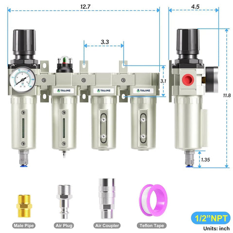 Front view of Industrial 4 Stage Air Drying System With 0 To 240 PSI Regulator And Half Inch NPT Ports, Dual Desiccant Dryer
