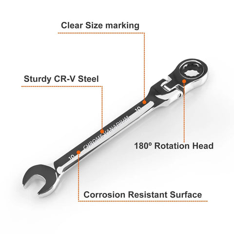 Image of 10mm Flex Head Ratchet Wrench Built To Last Pro Grade Ratcheting Metric Combination Wrench with 180° pivot and chrome vanadium steel.