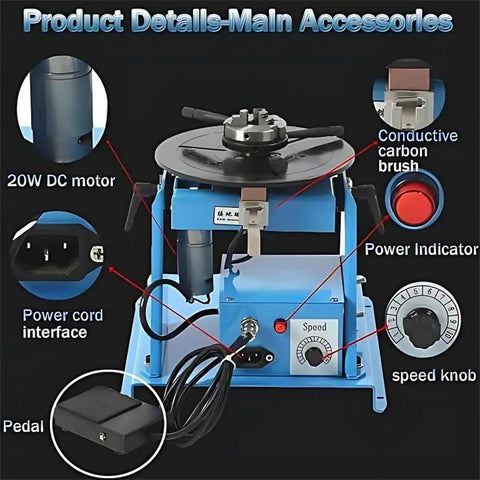 Lightweight Rotary Welding Positioner Featuring Smooth Rolling Base Zero To Ninety Degree Tilt Lock And Sixty Five Millimeter Chuck with pedal and controls.