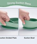 Hands holding suction divided plate and suction bowl from Ultra Safe Silicone Baby Feeding Set 13 Piece With Suction Bowl And Plate Spoons And Forks Bib And Cup Baby Toothbrush And Weaning Kit For 6 Months Plus Mess Free Meals Mom Approved.