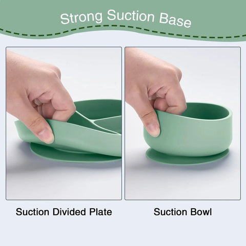 Hands holding suction divided plate and suction bowl from Ultra Safe Silicone Baby Feeding Set 13 Piece With Suction Bowl And Plate Spoons And Forks Bib And Cup Baby Toothbrush And Weaning Kit For 6 Months Plus Mess Free Meals Mom Approved.