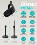 On The Go Podcast Studio Bundle With Dual CastMic Dynamic Mics, showing table stands and features like cardioid pattern and size.