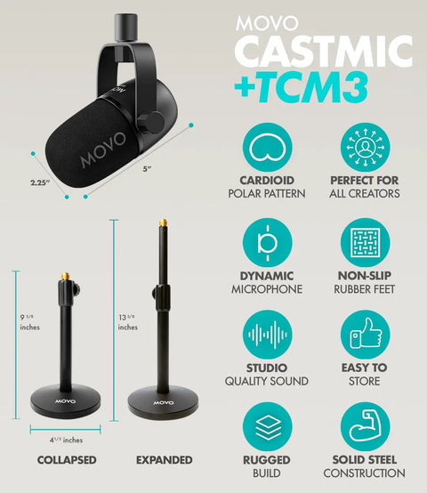 On The Go Podcast Studio Bundle With Dual CastMic Dynamic Mics, showing table stands and features like cardioid pattern and size.