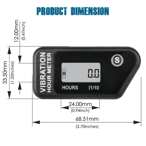 Digital Vibration Activated Hour Meter With Adjustable Frequency SEN 1 SEN 2, Cordless Time Tracking For Your Gear, Tracks Total And Partial Hours, Reliable Maintenance Companion. 68.5mm x 33.5mm black unit