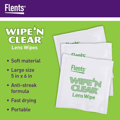 Flents Wipe N Clear Lens Wipes, three individually wrapped 5x6 inch soft material lens wipes on lime green background