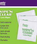 Pre Moistened Lens Cleaning Wipes For Glasses And Shades Gentle Streak Free Fast Drying Individually Wrapped Travel Ready Packs Four Boxes 300 Wipes Total Safe On Coatings Made In USA showing Wipe 'N Clear packaging.