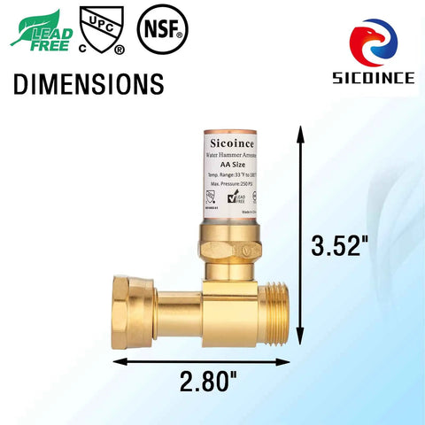 Water Hammer Arrestor For Washing Machine Three Quarter Inch Thread Copper Chamber Brass Body Low Lead Plumbing Fitting Easy Install Reduces Water Hammer And Noise Protects Your Washer Two Pack shown with dimensions 2.80 by 3.52 inches