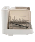 Portable Countertop Dishwasher Compact For Apartments And RV Trips Featuring High Pressure 360 Dual Spray Hot Wash Auto Air Dry No Sweat Easy Plug In Space Saving Win, side view with cutout lid.