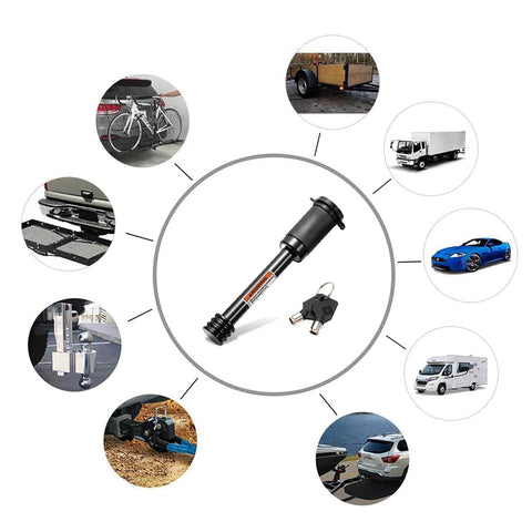 Heavy Duty Five Eighth Inch Hitch Receiver Lock Pin For Two Inch And Two And A Half Inch Hitches Class III And IV No Nonsense Security For Trailer Bike Rack Tow Rope Truck Boat And More 1 Pack, showing a black steel lock pin with keys.