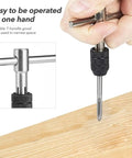 Using Heavy Duty Tap Handle Wrench Kit For Quick Hand Tapping on wood surface, shows T-handle design for narrow spaces.