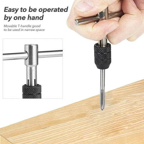 Using Heavy Duty Tap Handle Wrench Kit For Quick Hand Tapping on wood surface, shows T-handle design for narrow spaces.