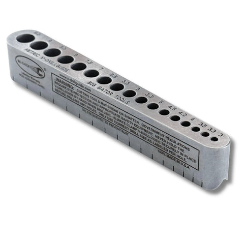 Heavy Duty US Made Steel Precision Drill Guide Keeping Holes Straight As An Arrow For 3 To 9.5 Millimeter Metric Sizes V grooves on the steel base.