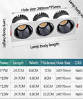 7-Pack LED Recessed 3-Head Spotlights Sleek Black Rectangle COB Downlights showing dimensions and specifications table.