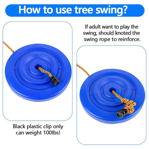 Blue swing seat with knot instructions, part of 120 Foot Zip Line Kit For Kids And Adults, Backyard Zip Line Set With Swing Seat.