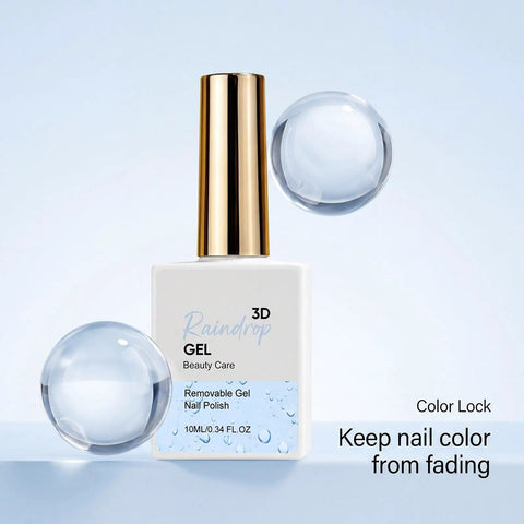 3D Raindrop Gel Polish With Ultra Gloss Wet Look Top Coat For Lifelike Dew Drops And Embossed Nail Art bottle with water droplets.